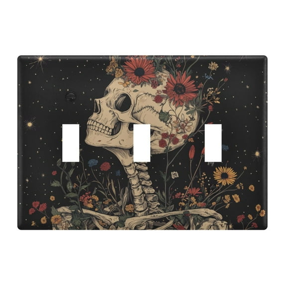 Yayeee Toggle Light Switch Wall Plate 3-Gang 6.37"x4.48" Decorative Outlet Cover, Skeleton with Flowers Pattern