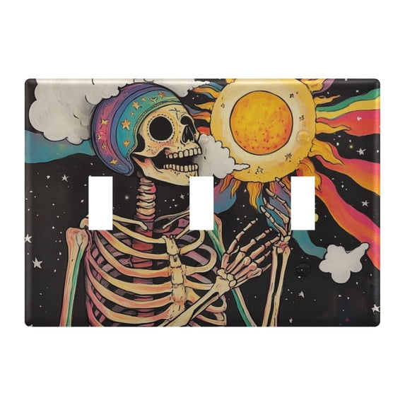 Yayeee Toggle Light Switch Wall Plate 3-Gang 6.37"x4.48" Decorative Outlet Cover, Skeleton with Sun