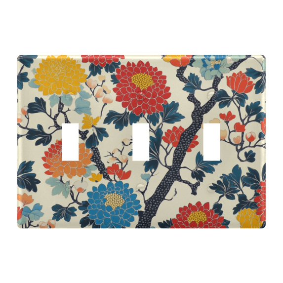 Yayeee Toggle Light Switch Wall Plate 3-Gang 6.37"x4.48" Decorative Outlet Cover, Vibrant Japanese Flowers