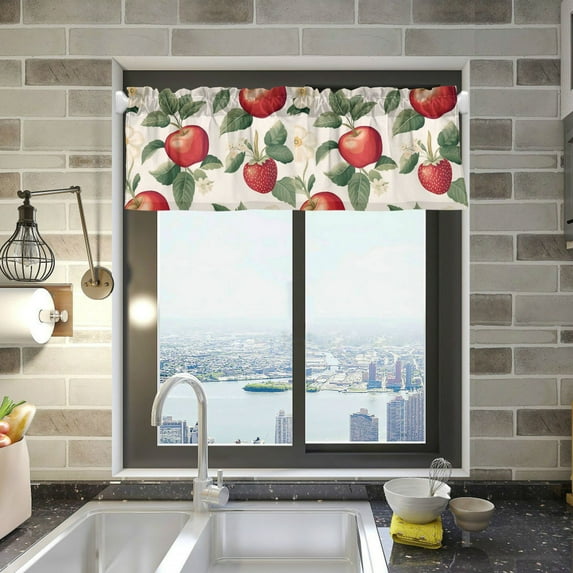 Yayeee Kitchen Valance Rod Pocket 54" x 18" Living Room Window Curtain, Apples Flower Pattern