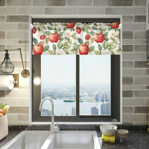 Yayeee Kitchen Valance Rod Pocket 54" x 18" Living Room Window Curtain, Beige Apple Pattern