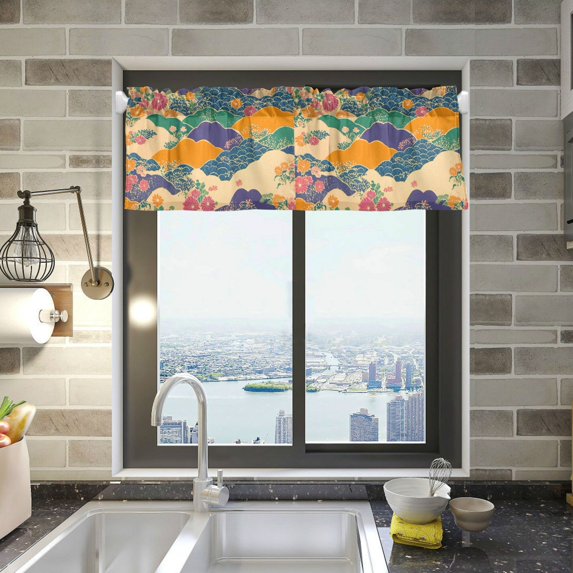 Yayeee Kitchen Valance Rod Pocket 54" x 18" Living Room Window Curtain, Beige Floral Wave