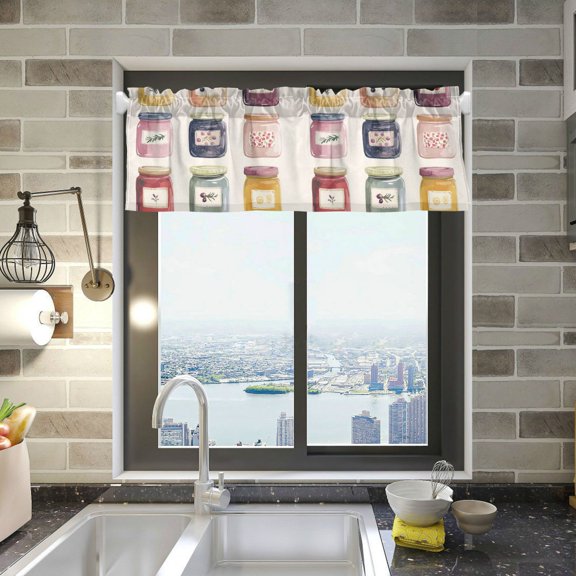Yayeee Kitchen Valance Rod Pocket 54" x 18" Living Room Window Curtain, Beige Jam Jars