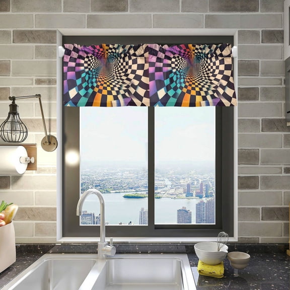 Yayeee Kitchen Valance Rod Pocket 54" x 18" Living Room Window Curtain, Beige Wavy Plaid