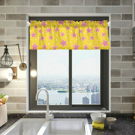 Yayeee Kitchen Valance Rod Pocket 54" x 18" Living Room Window Curtain, Big Pink Stars Pattern