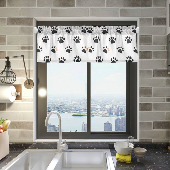 Yayeee Kitchen Valance Rod Pocket 54" x 18" Living Room Window Curtain, Black Cartoon Cat Paw