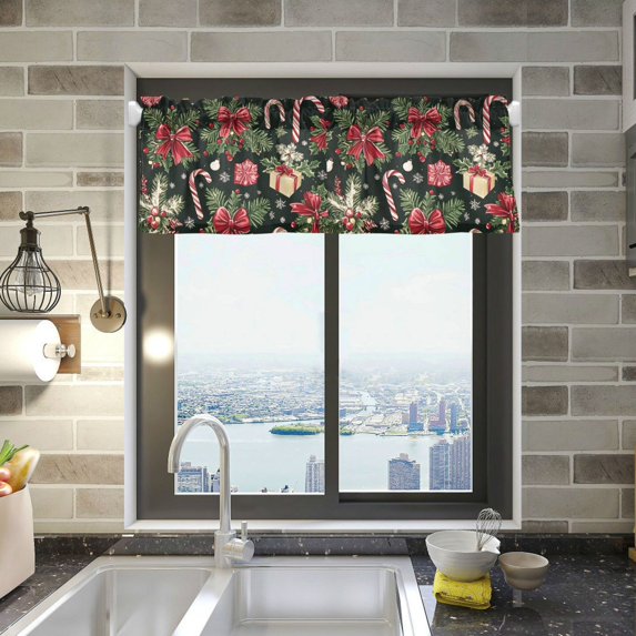 Yayeee Kitchen Valance Rod Pocket 54" x 18" Living Room Window Curtain, Black Christmas Holly