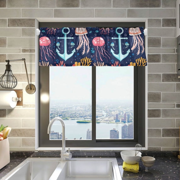 Yayeee Kitchen Valance Rod Pocket 54" x 18" Living Room Window Curtain, Blue Anchor