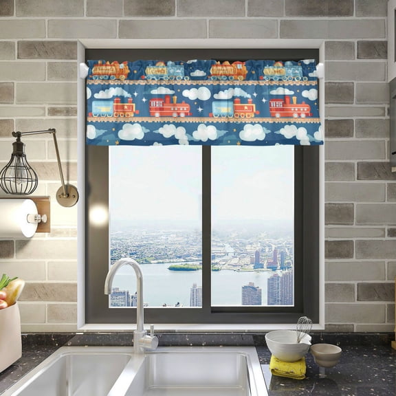 Yayeee Kitchen Valance Rod Pocket 54" x 18" Living Room Window Curtain, Blue Cute Train Pattern