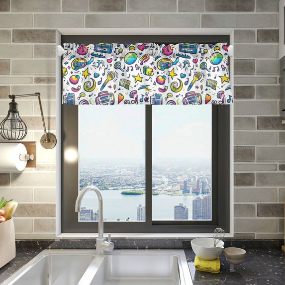 Yayeee Kitchen Valance Rod Pocket 54" x 18" Living Room Window Curtain, Blue Doodle Pattern