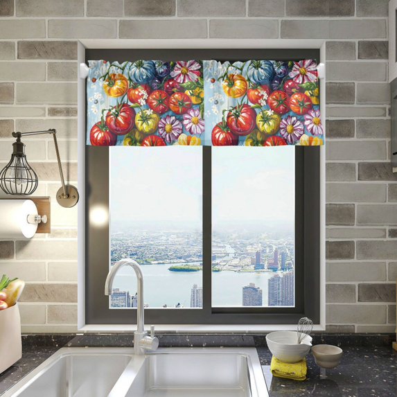 Yayeee Kitchen Valance Rod Pocket 54" x 18" Living Room Window Curtain, Blue Floral Tomatoes