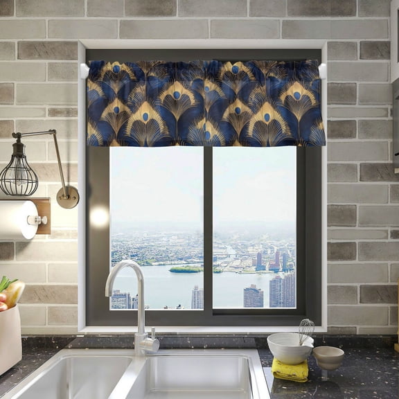 Yayeee Kitchen Valance Rod Pocket 54" x 18" Living Room Window Curtain, Blue Peacock Feathers Pattern