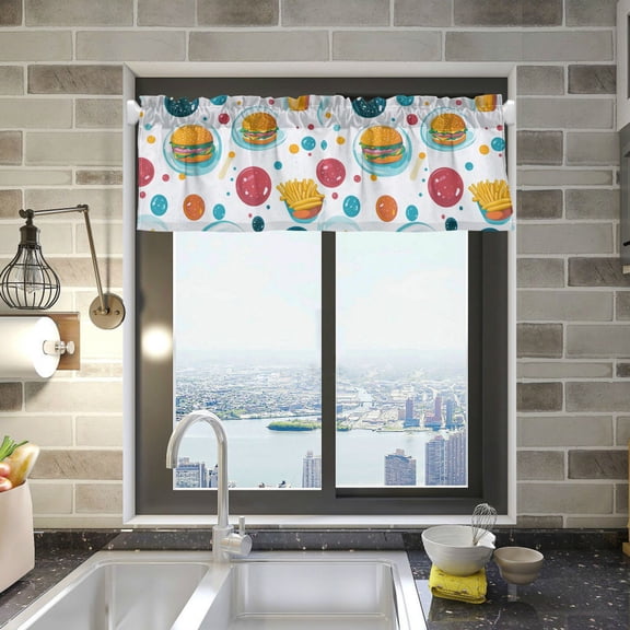Yayeee Kitchen Valance Rod Pocket 54" x 18" Living Room Window Curtain, Bubbles Hamburger
