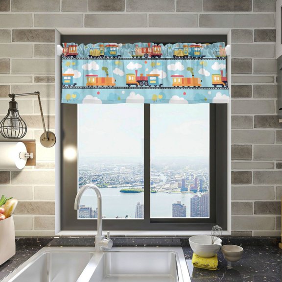 Yayeee Kitchen Valance Rod Pocket 54" x 18" Living Room Window Curtain, Cartoon Train Pattern