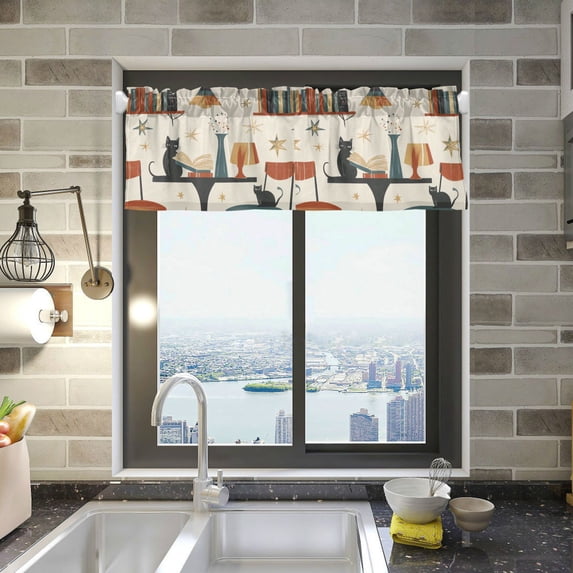Yayeee Kitchen Valance Rod Pocket 54" x 18" Living Room Window Curtain, Cats Reading Pattern