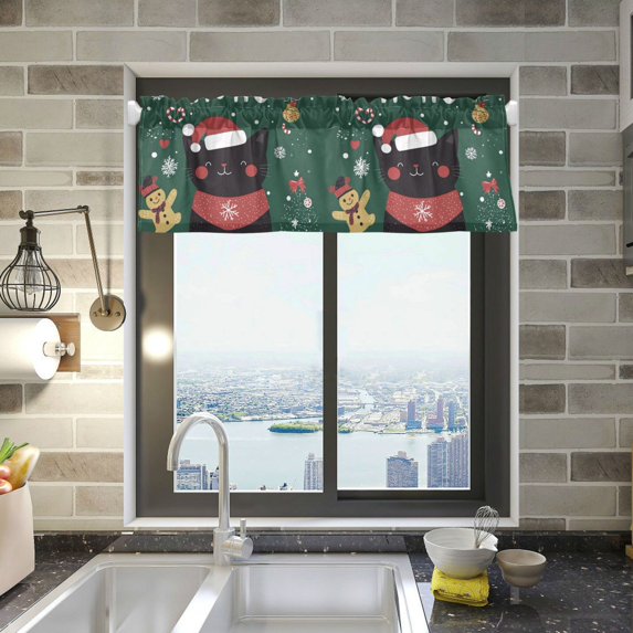 Yayeee Kitchen Valance Rod Pocket 54" x 18" Living Room Window Curtain, Christmas Cat