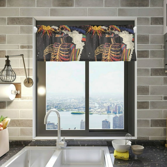 Yayeee Kitchen Valance Rod Pocket 54" x 18" Living Room Window Curtain, Colorful Skeleton with Cloud