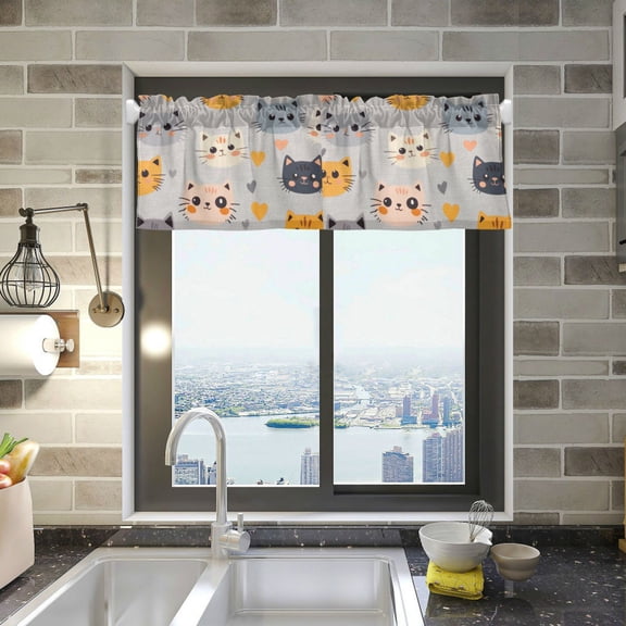 Yayeee Kitchen Valance Rod Pocket 54" x 18" Living Room Window Curtain, Cute Cartoon Cat
