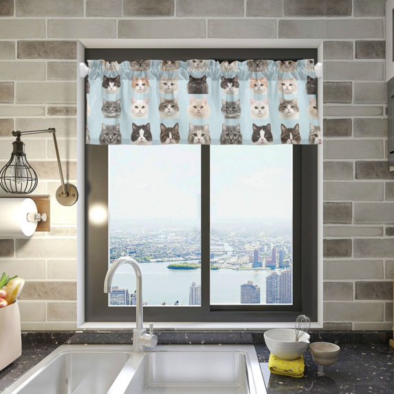 Yayeee Kitchen Valance Rod Pocket 54" x 18" Living Room Window Curtain, Cute Cat Faces