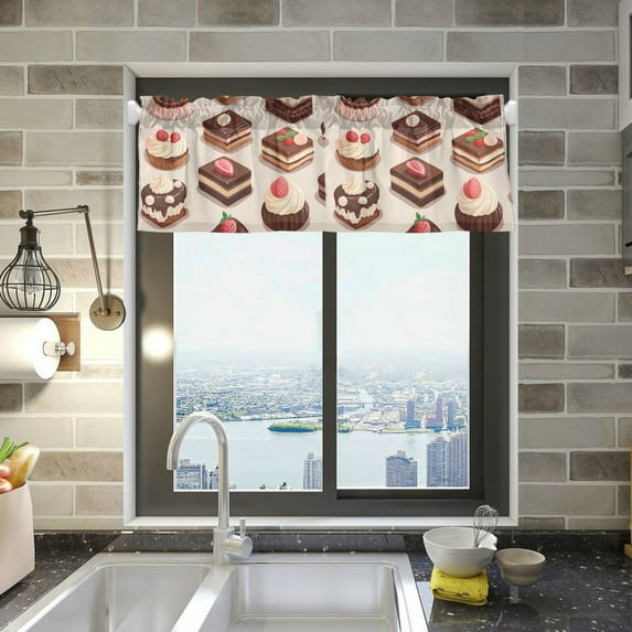 Yayeee Kitchen Valance Rod Pocket 54" x 18" Living Room Window Curtain, Cute Chocolate Cakes