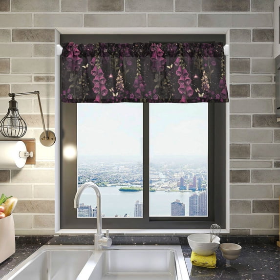 Yayeee Kitchen Valance Rod Pocket 54" x 18" Living Room Window Curtain, Dark Purple Floral Pattern