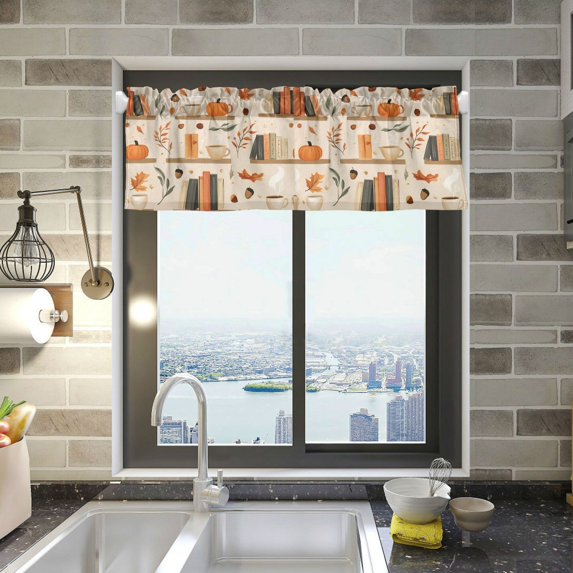 Yayeee Kitchen Valance Rod Pocket 54" x 18" Living Room Window Curtain, Fall Book Shelf