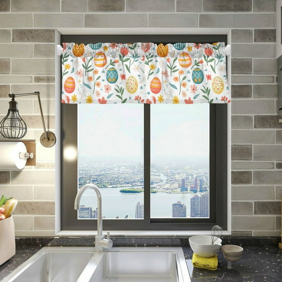 Yayeee Kitchen Valance Rod Pocket 54" x 18" Living Room Window Curtain, Floral Easter Eggs