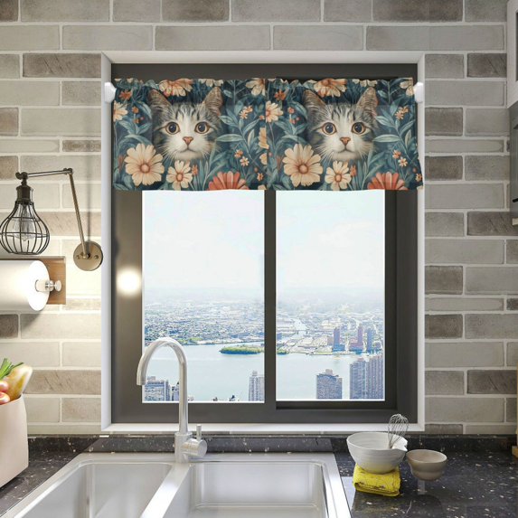 Yayeee Kitchen Valance Rod Pocket 54" x 18" Living Room Window Curtain, Flowers Cat