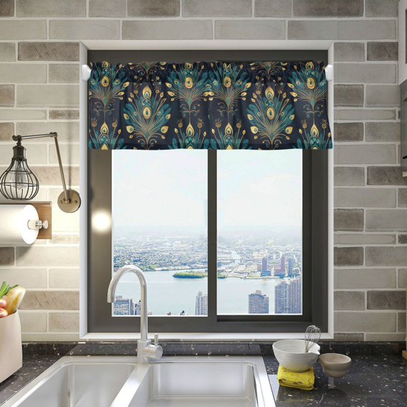 Yayeee Kitchen Valance Rod Pocket 54" x 18" Living Room Window Curtain, Gold Peacock Pattern