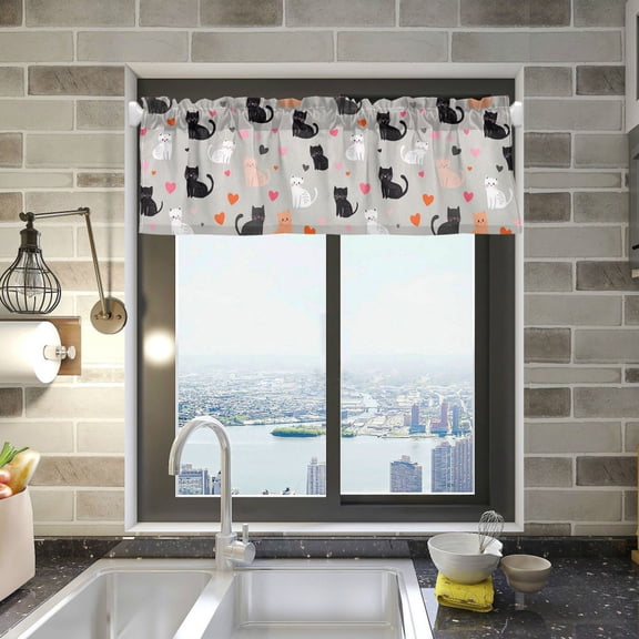 Yayeee Kitchen Valance Rod Pocket 54" x 18" Living Room Window Curtain, Gray Cartoon Pattern