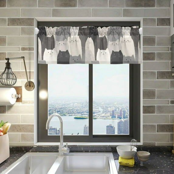Yayeee Kitchen Valance Rod Pocket 54" x 18" Living Room Window Curtain, Gray Cute Cats