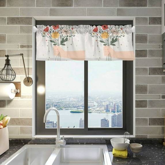 Yayeee Kitchen Valance Rod Pocket 54" x 18" Living Room Window Curtain, Gray Cute Flower