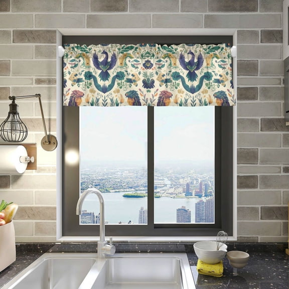 Yayeee Kitchen Valance Rod Pocket 54" x 18" Living Room Window Curtain, Green Animals Pattern