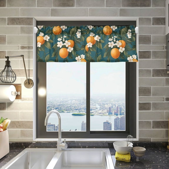 Yayeee Kitchen Valance Rod Pocket 54" x 18" Living Room Window Curtain, Green Floral Orange