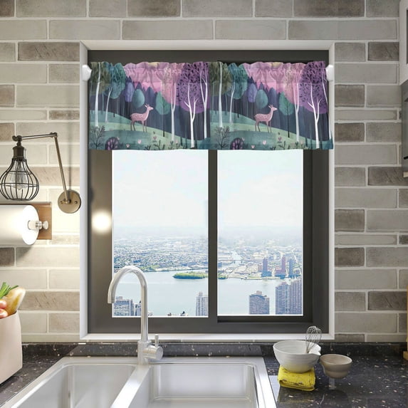 Yayeee Kitchen Valance Rod Pocket 54" x 18" Living Room Window Curtain, Green Night Deer