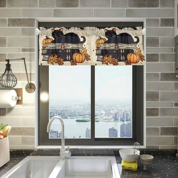 Yayeee Kitchen Valance Rod Pocket 54" x 18" Living Room Window Curtain, Halloween Cat