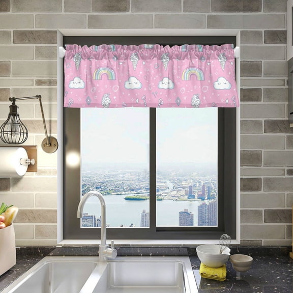 Yayeee Kitchen Valance Rod Pocket 54" x 18" Living Room Window Curtain, Ice Cream Rainbow Pattern