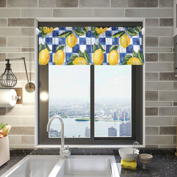 Yayeee Kitchen Valance Rod Pocket 54" x 18" Living Room Window Curtain, Lemon Checkered