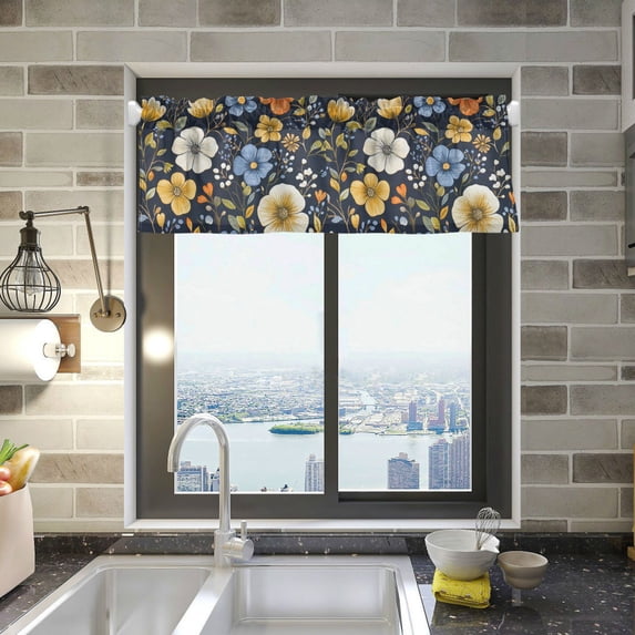 Yayeee Kitchen Valance Rod Pocket 54" x 18" Living Room Window Curtain, Navy Floral Pattern