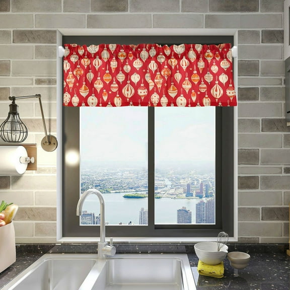 Yayeee Kitchen Valance Rod Pocket 54" x 18" Living Room Window Curtain, Orange Christmas Ornaments Pattern