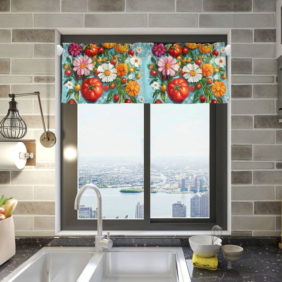 Yayeee Kitchen Valance Rod Pocket 54" x 18" Living Room Window Curtain, Pink Floral Tomatoes