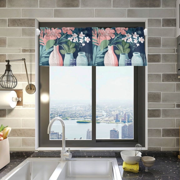 Yayeee Kitchen Valance Rod Pocket 54" x 18" Living Room Window Curtain, Pink Flowers
