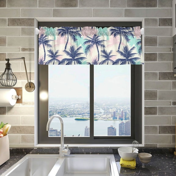 Yayeee Kitchen Valance Rod Pocket 54" x 18" Living Room Window Curtain, Pink Green Blue Palm Pattern