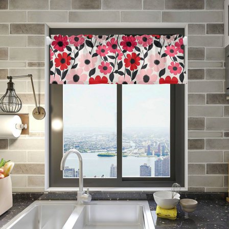 Yayeee Kitchen Valance Rod Pocket 54" x 18" Living Room Window Curtain, Pink and Red Flowers