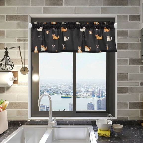 Yayeee Kitchen Valance Rod Pocket 54" x 18" Living Room Window Curtain, Pixel Cat