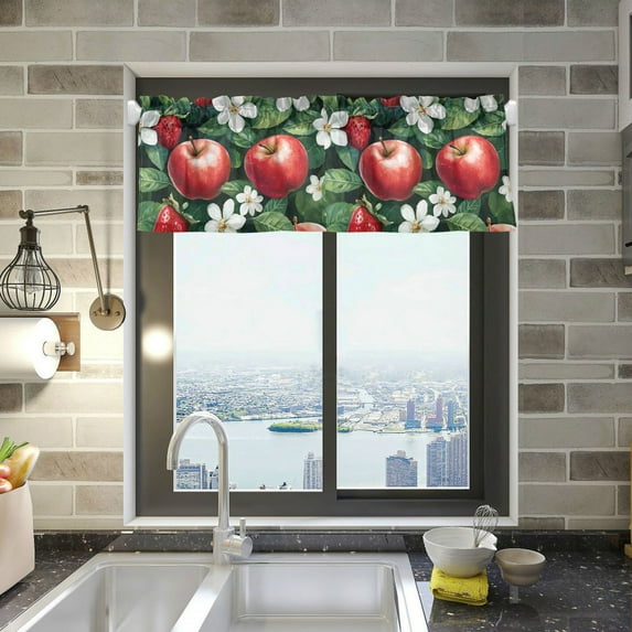 Yayeee Kitchen Valance Rod Pocket 54" x 18" Living Room Window Curtain, Red Apple Pattern