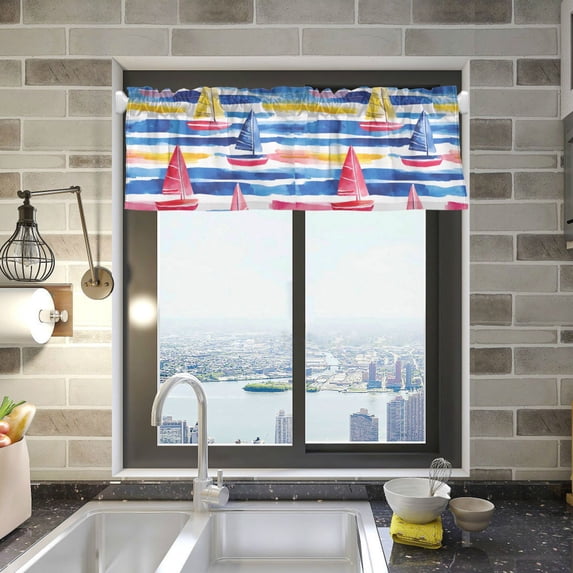 Yayeee Kitchen Valance Rod Pocket 54" x 18" Living Room Window Curtain, Red Hand Drawn Sailboats