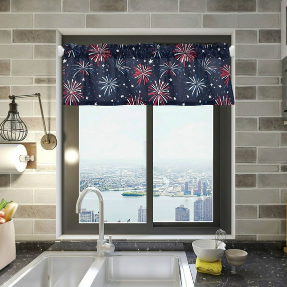 Yayeee Kitchen Valance Rod Pocket 54" x 18" Living Room Window Curtain, Red and Blue Fireworks Pattern
