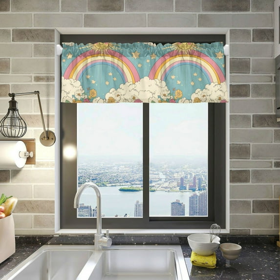 Yayeee Kitchen Valance Rod Pocket 54" x 18" Living Room Window Curtain, Retro Beige Rainbow