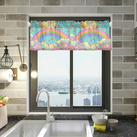 Yayeee Kitchen Valance Rod Pocket 54" x 18" Living Room Window Curtain, Retro Blue Rainbow